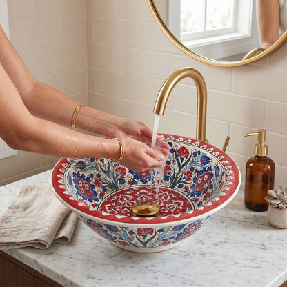 Ruby Garden Arabesque Ceramic Vessel Sink, Handpainted Bathroom Basin