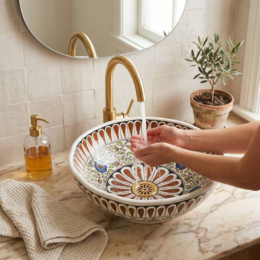 Royal Garden Ceramic Vessel Sink, Handpainted Bathroom Basin