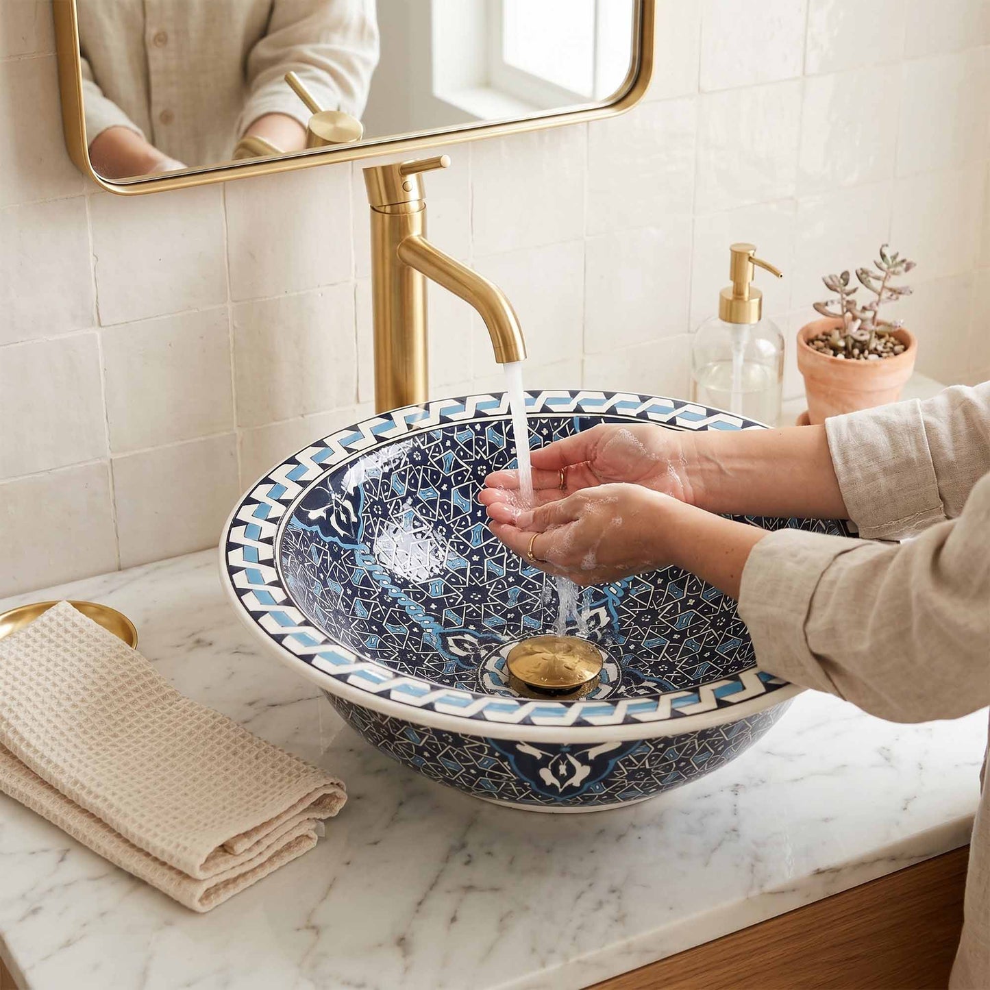 Midnight Mosaic Ceramic Vessel Sink, Handpainted Bathroom Basin