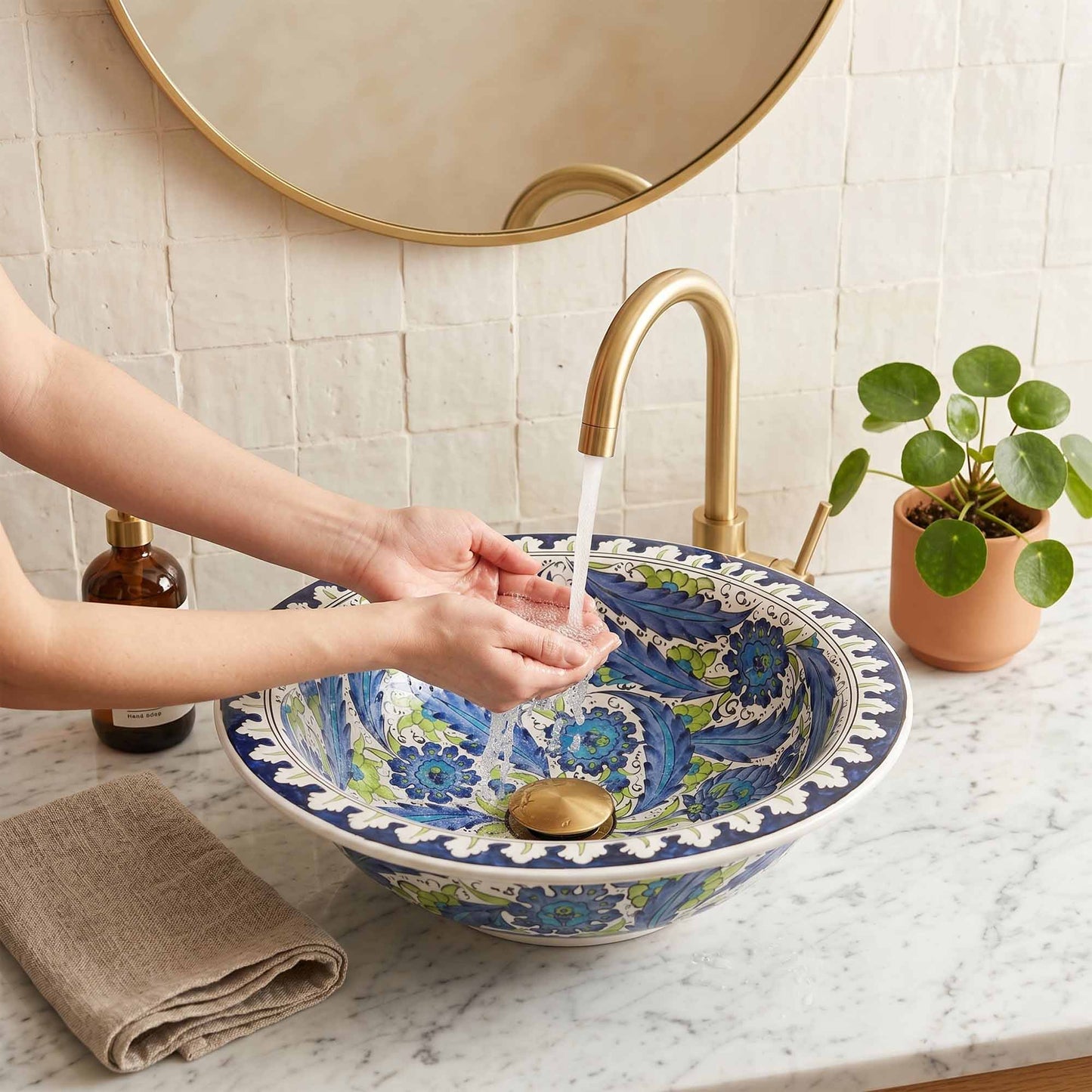 Sapphire Breeze Floral Ceramic Vessel Sink, Handpainted Bathroom Basin