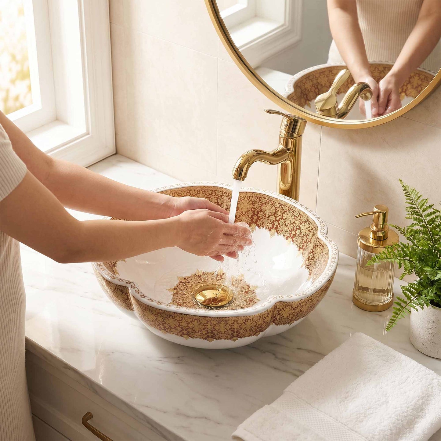 Imperial Floral Ceramic Vessel Sink, Handpainted Bathroom Basin