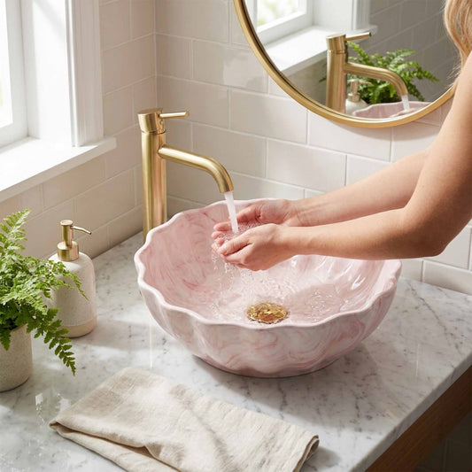 Blush Petal Marble Ceramic Vessel Sink, Handpainted Artistic Bathroom Basin