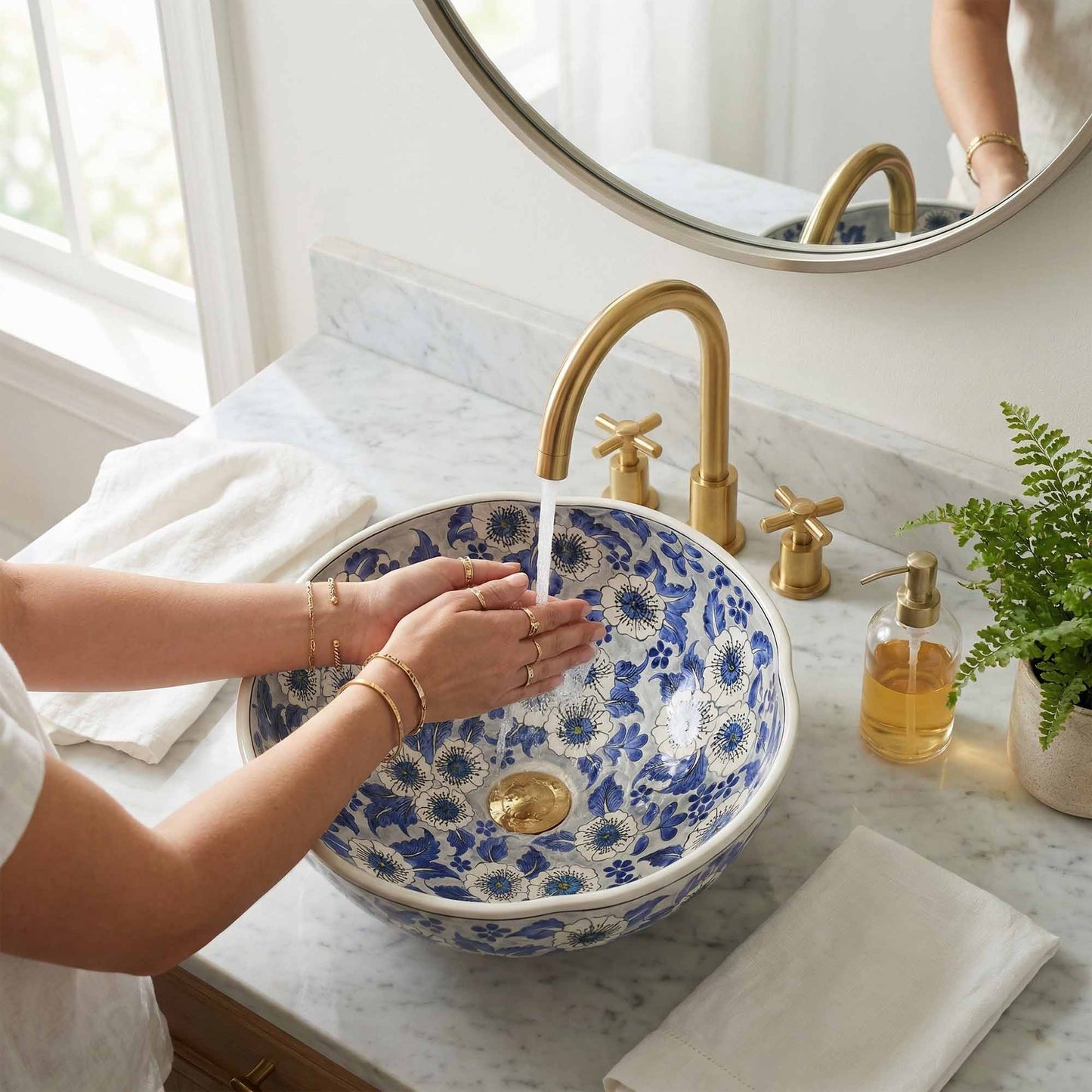 Blue Blossom Ceramic Vessel Sink, Handpainted Floral Bathroom Basin