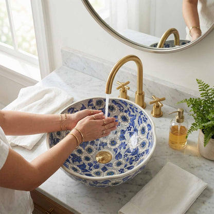 Blue Blossom Ceramic Vessel Sink, Handpainted Floral Bathroom Basin