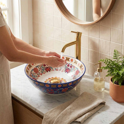 Imperial Sapphire Floral Ceramic Vessel Sink, Handpainted Turkish Bathroom Basin