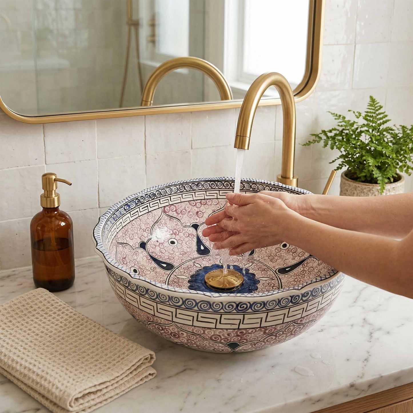 Person washing hands under a gold faucet in a bathroom with a decorative ceramic sink.
