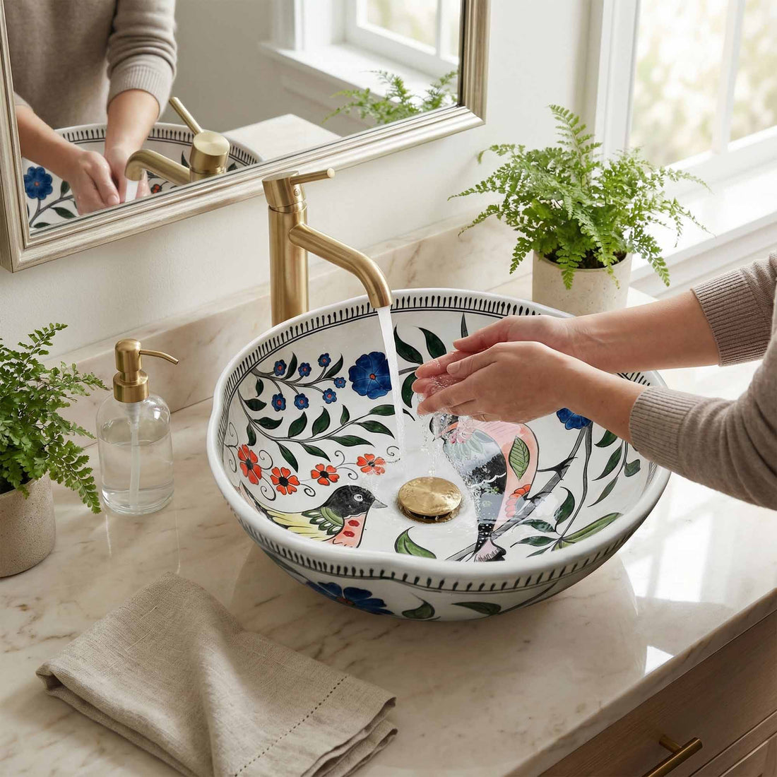 Songbird Garden Ceramic Vessel Sink, Handpainted Bird Bathroom Basin