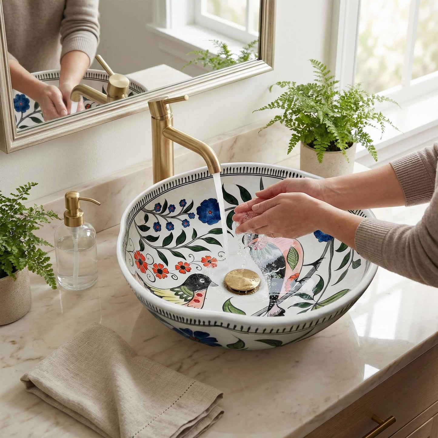 Songbird Garden Ceramic Vessel Sink, Handpainted Bird Bathroom Basin