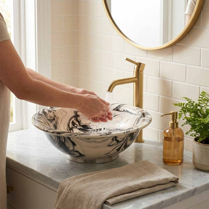 Black Marble Swirl Ceramic Vessel Sink, Handpainted Bathroom Basin