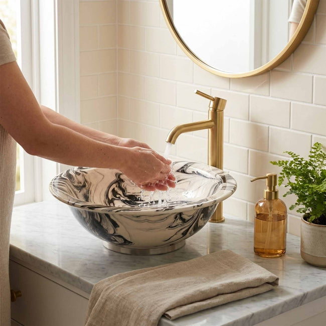 Black Marble Swirl Ceramic Vessel Sink, Handpainted Bathroom Basin