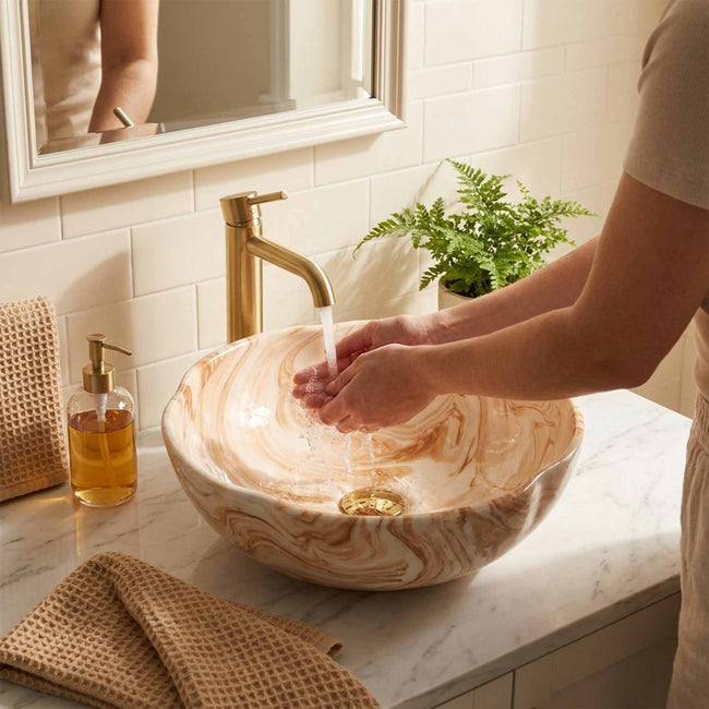 Golden Sand Marble Ceramic Vessel Sink, Handpainted Bathroom Basin