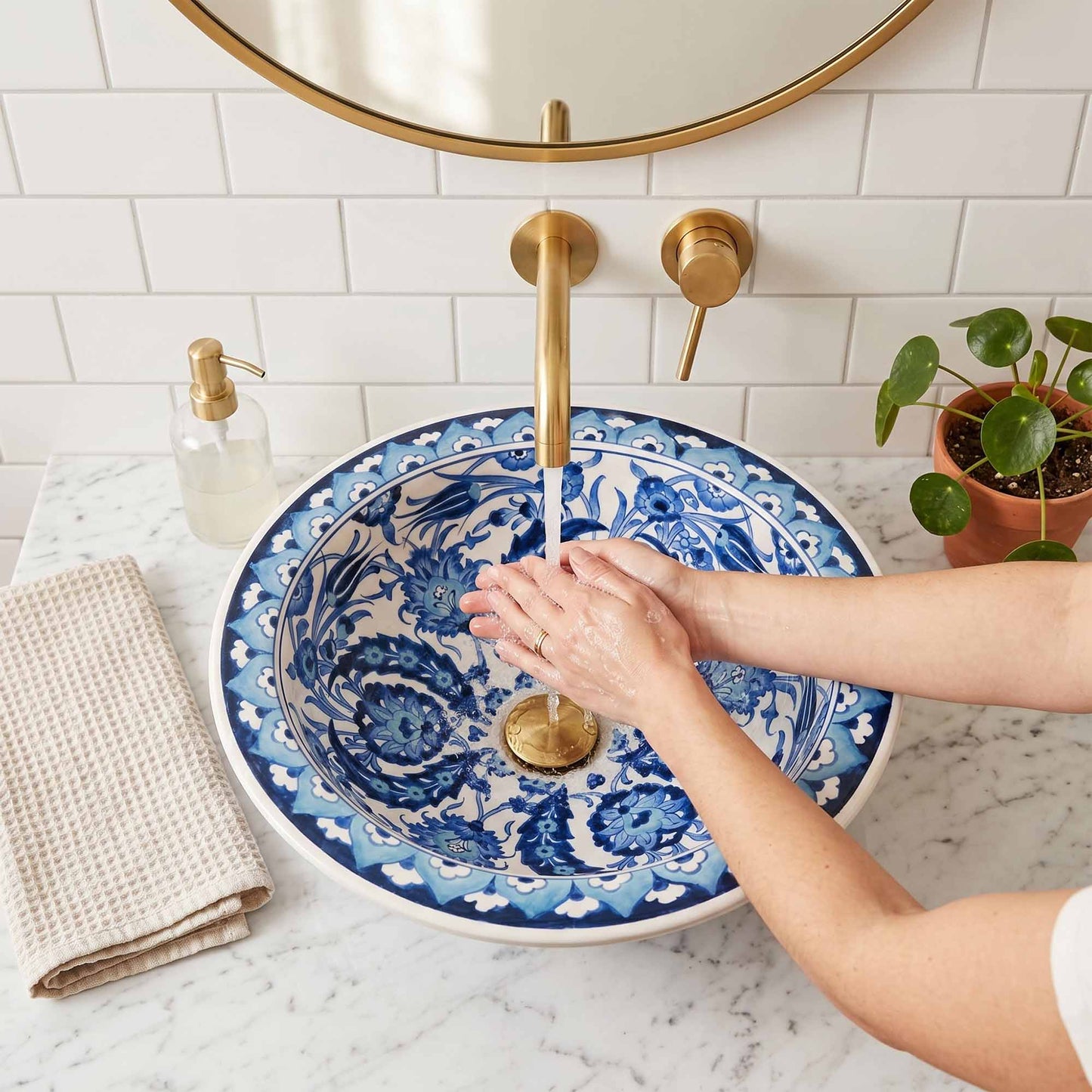 Moonlit Garden Ceramic Vessel Sink, Handpainted Bathroom Basin