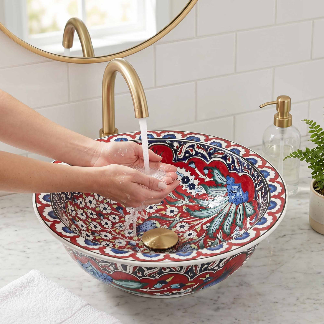 Crimson Tulip Garden Ceramic Vessel Sink, Handpainted Bathroom Basin