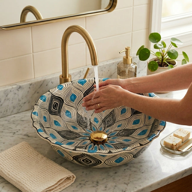 Blue Peacock Feather Pattern Ceramic Vessel Sink, Handpainted Bathroom Basin