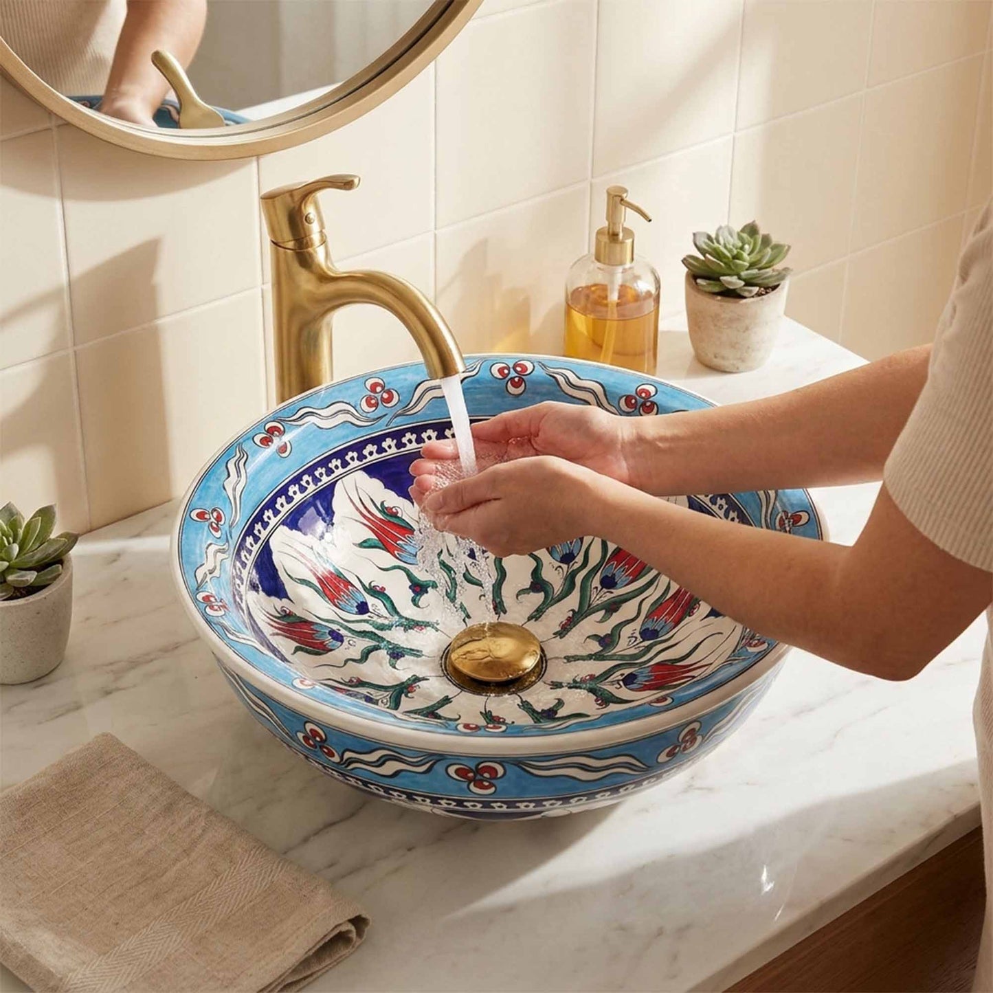 Sky Blossom Tulip Ceramic Vessel Sink, Handpainted Bathroom Basin