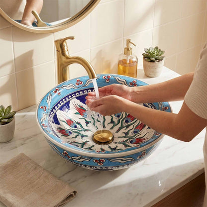Sky Blossom Tulip Ceramic Vessel Sink, Handpainted Bathroom Basin