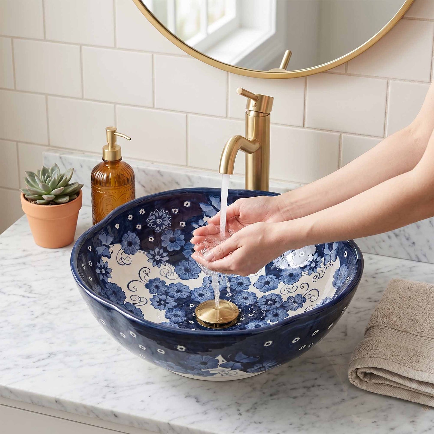 Moonlit Wildflower Ceramic Vessel Sink, Handpainted Bathroom Basin