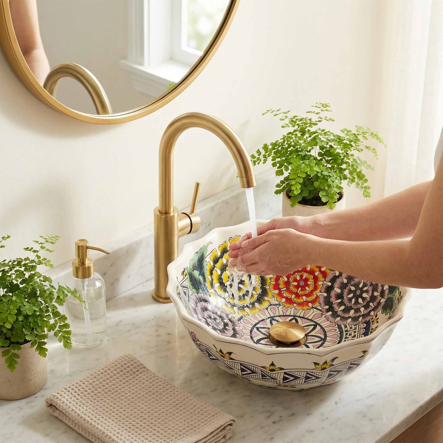 Wildflower Garden Ceramic Vessel Sink, Handpainted Floral Bathroom Basin