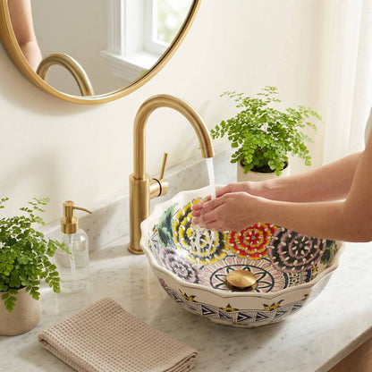 Wildflower Garden Ceramic Vessel Sink, Handpainted Floral Bathroom Basin