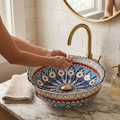 Decorative ceramic sink with floral patterns in a bathroom setting