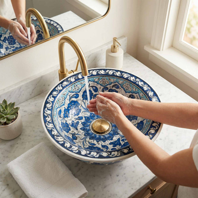 Azure Bloom Ceramic Vessel Sink, Handpainted Floral Bathroom Basin