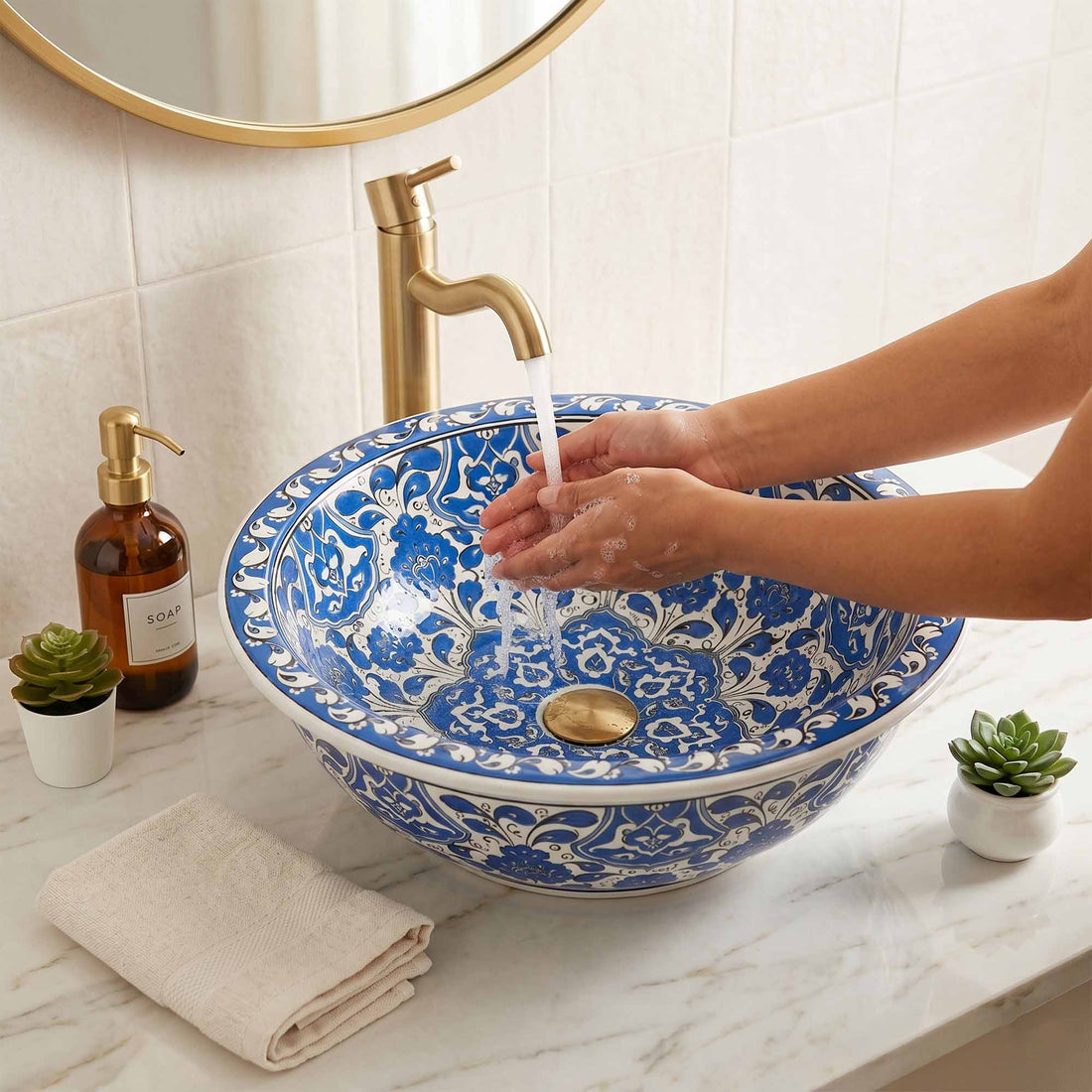 Azure Palace Floral Ceramic Vessel Sink, Handpainted Bathroom Basin