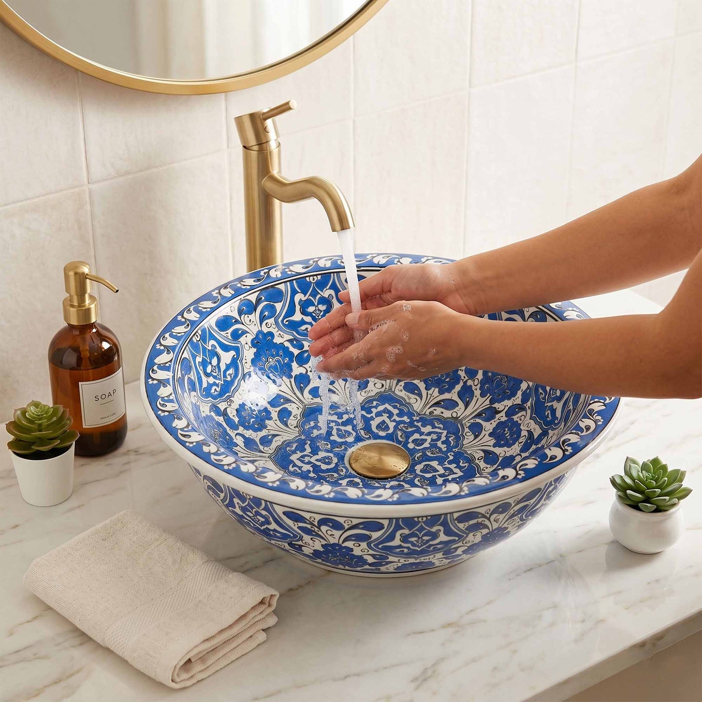 Azure Palace Floral Ceramic Vessel Sink, Handpainted Bathroom Basin