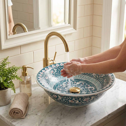 Verdant Arabesque Ceramic Vessel Sink, Handpainted Bathroom Basin