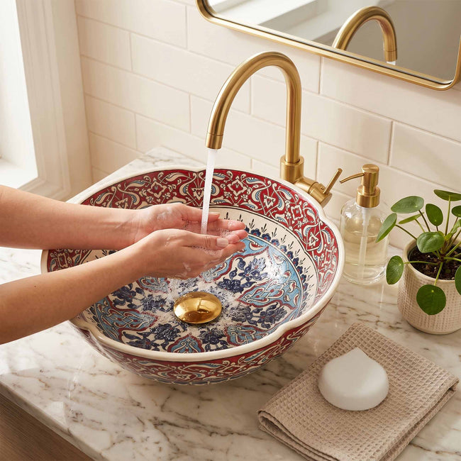 Ruby Mosaic Arabesque Ceramic Vessel Sink, Handpainted Bathroom Basin