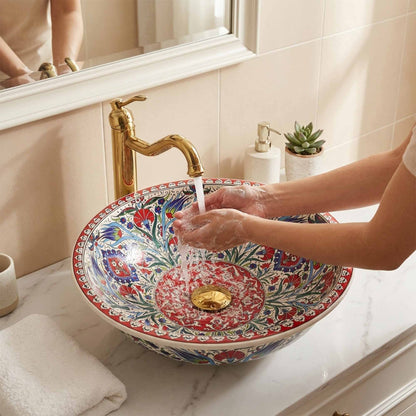 Ruby Garden Medallion Ceramic Vessel Sink, Handpainted Bathroom Basin