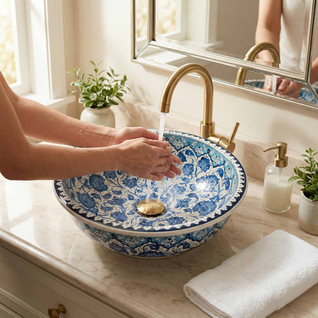 Azure Garden Ceramic Vessel Sink, Handpainted Blue Floral Bathroom Basin