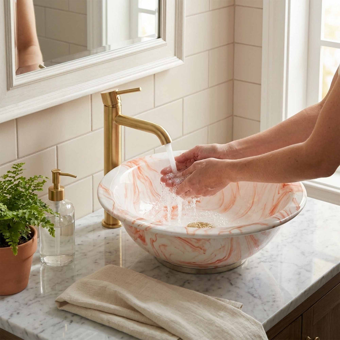 Blush Marble Swirl Ceramic Vessel Sink, Handpainted Bathroom Basin