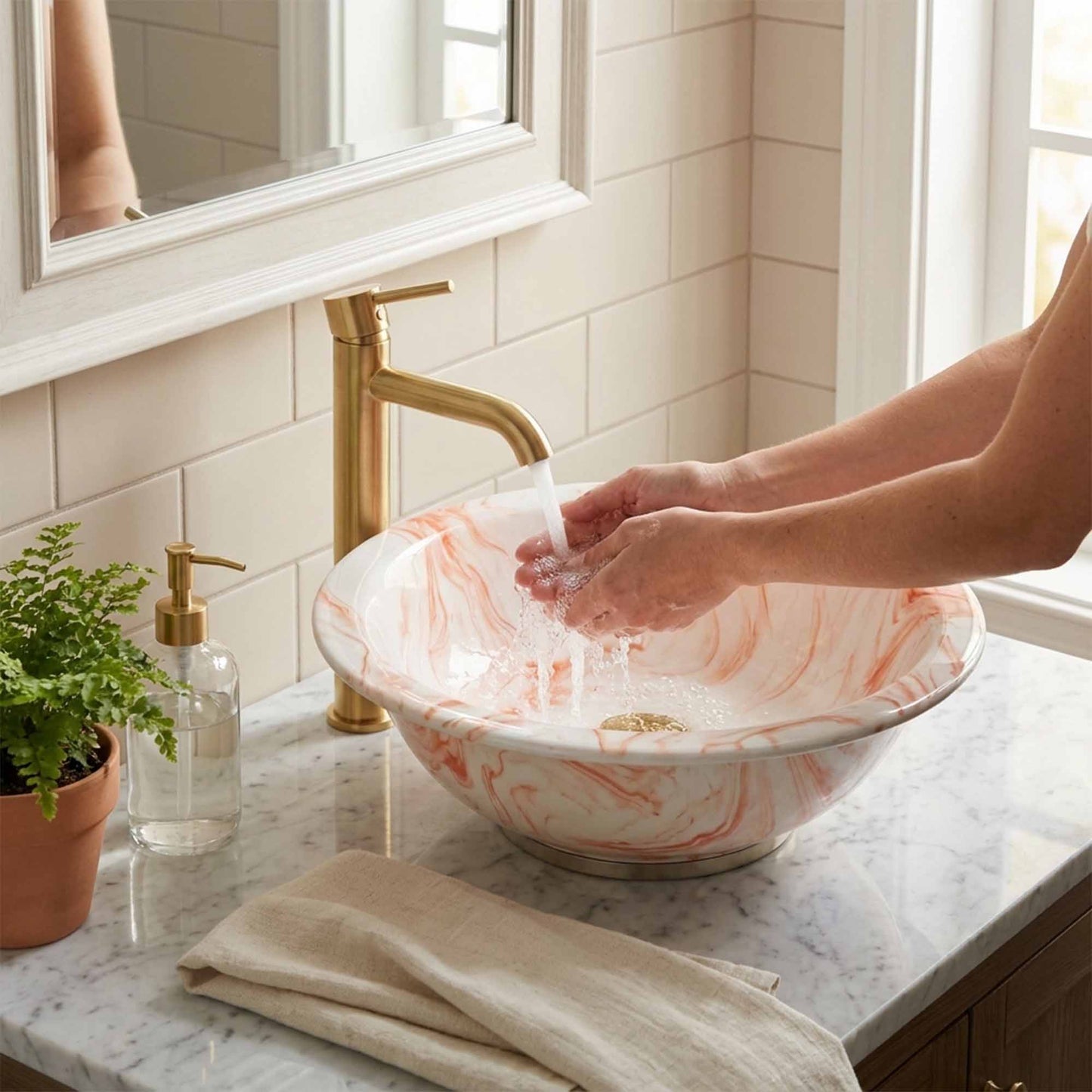 Blush Marble Swirl Ceramic Vessel Sink, Handpainted Bathroom Basin