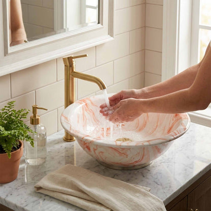 Blush Marble Swirl Ceramic Vessel Sink, Handpainted Bathroom Basin
