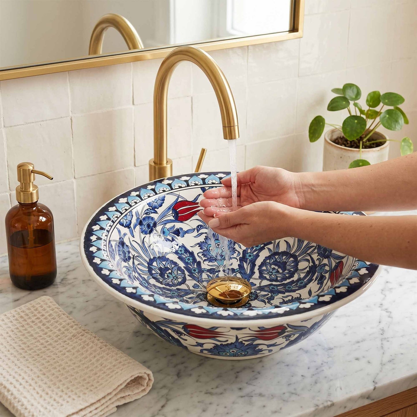 Crimson Tulip Garden Ceramic Vessel Sink, Handpainted Bathroom Basin