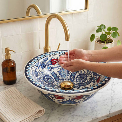 Crimson Tulip Garden Ceramic Vessel Sink, Handpainted Bathroom Basin