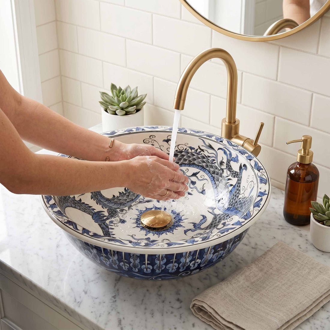 Azure Imperial Dragon Ceramic Vessel Sink, Handpainted Bathroom Basin