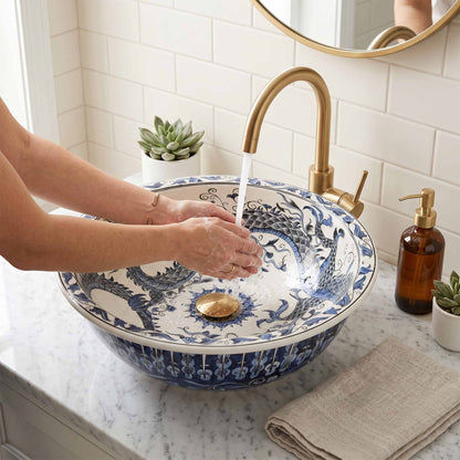 Azure Imperial Dragon Ceramic Vessel Sink, Handpainted Bathroom Basin