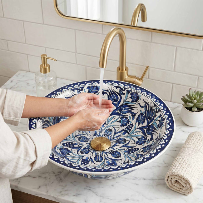 Midnight Tulip Symphony Ceramic Vessel Sink, Handpainted Bathroom Basin