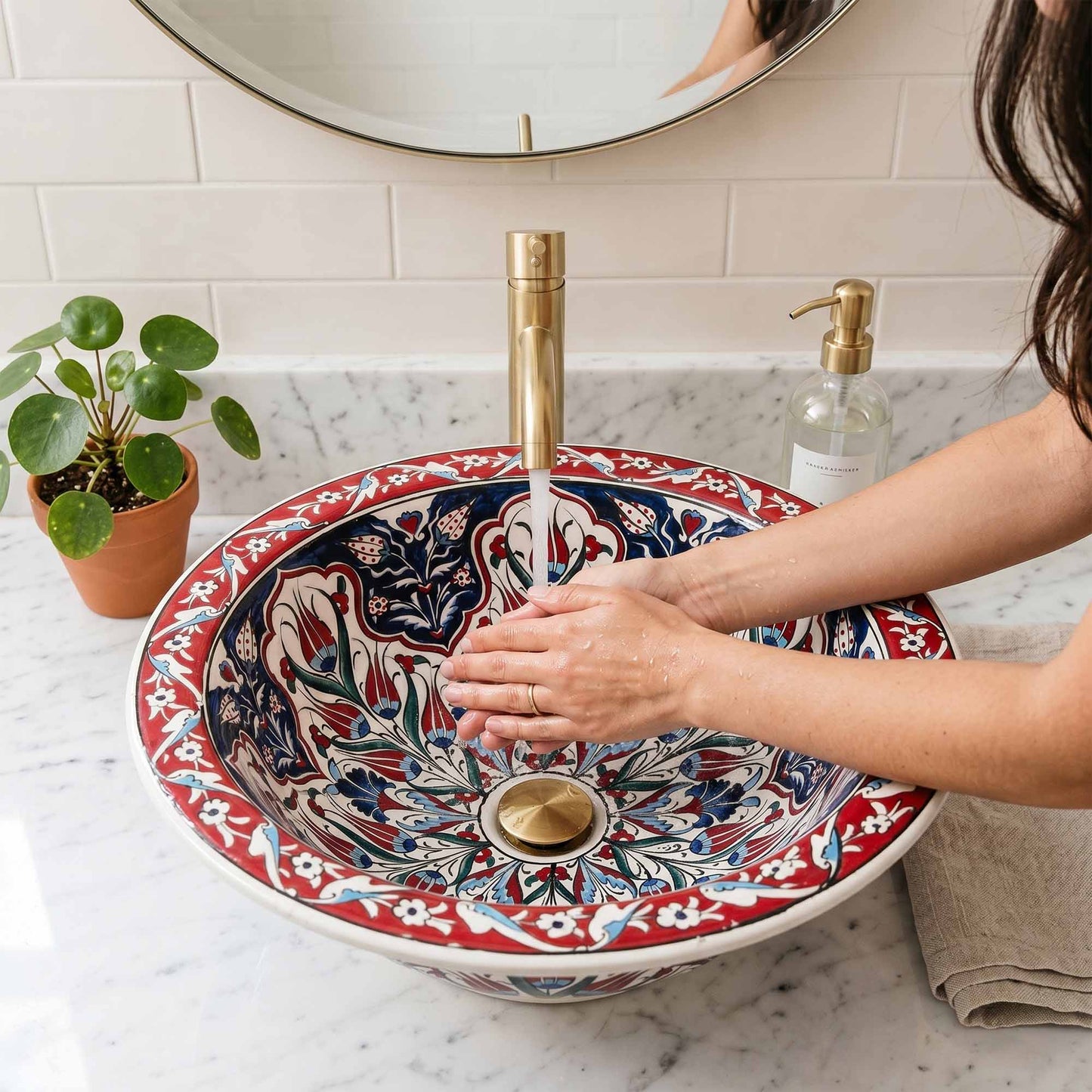 Crimson Tulip Heritage Ceramic Vessel Sink, Handpainted Bathroom Basin