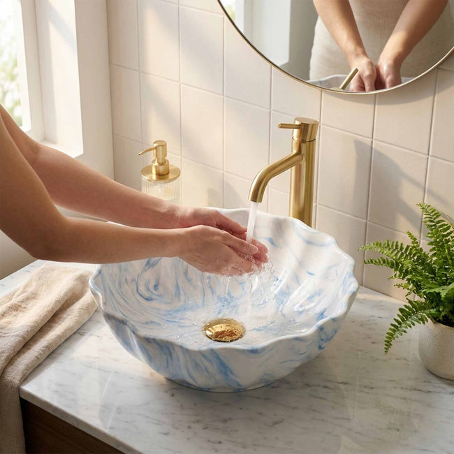 Sky Blue Petal Marble Ceramic Vessel Sink, Handpainted Artistic Bathroom Basin