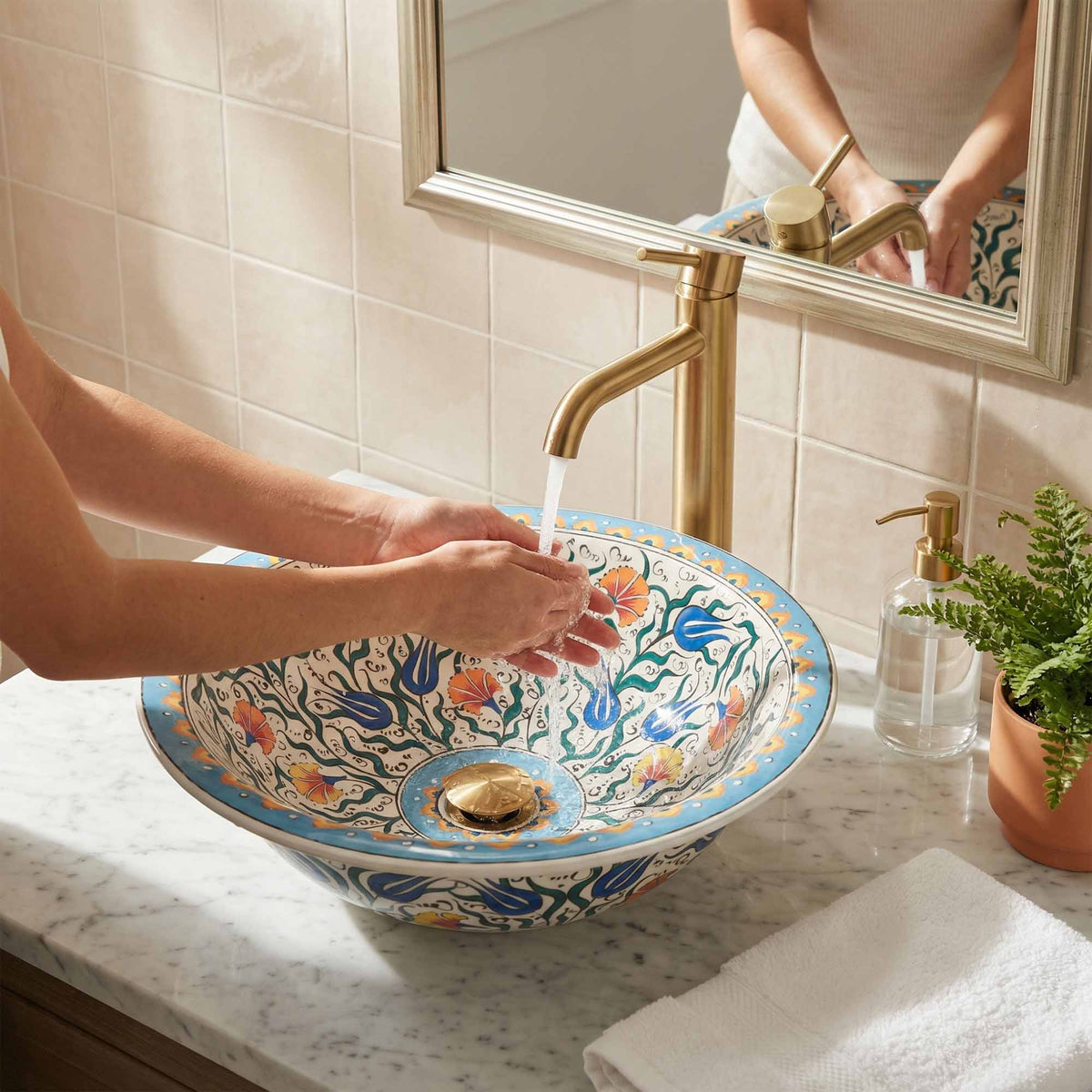 Sky Tulip Ceramic Vessel Sink, Handpainted Floral Bathroom Basin