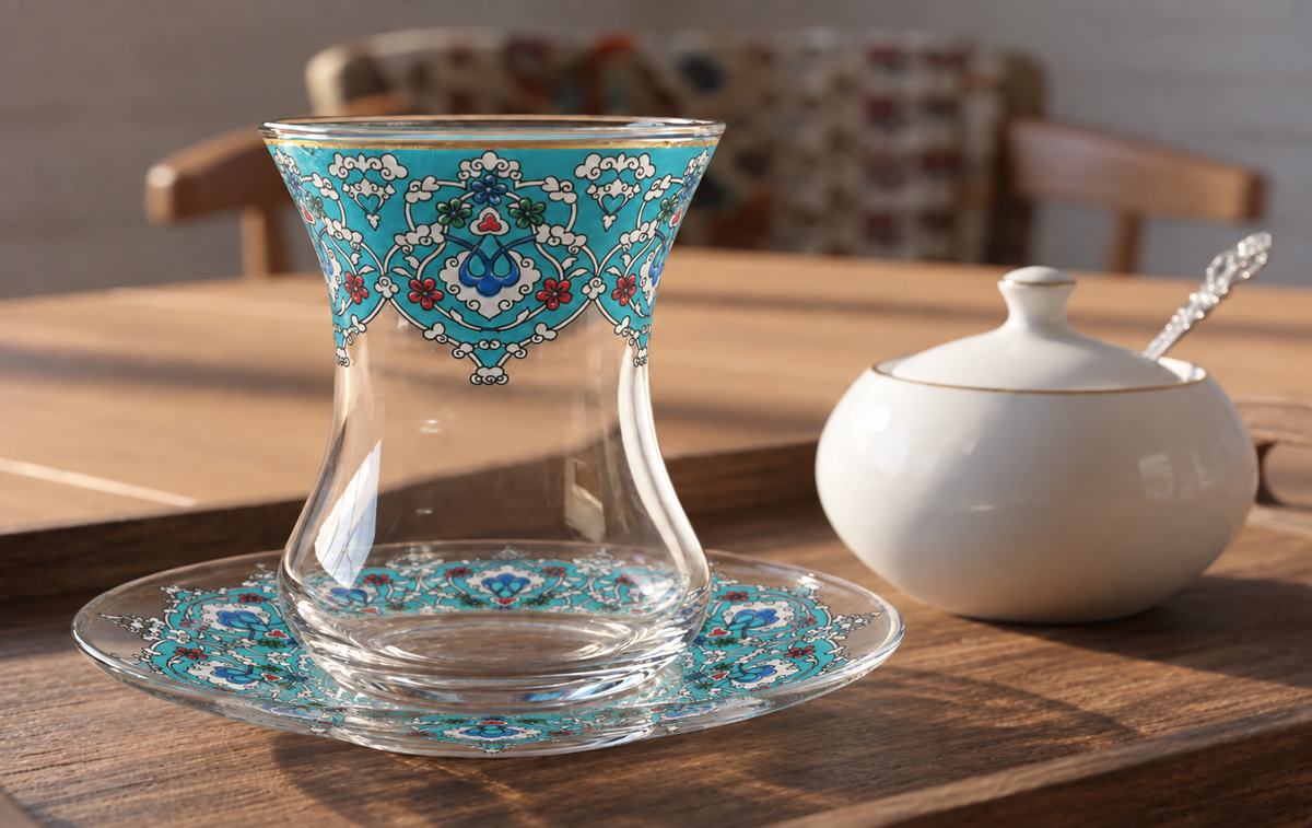 Turkish Tea Glass Set with Saucers, Handmade Ottoman Tea Glasses