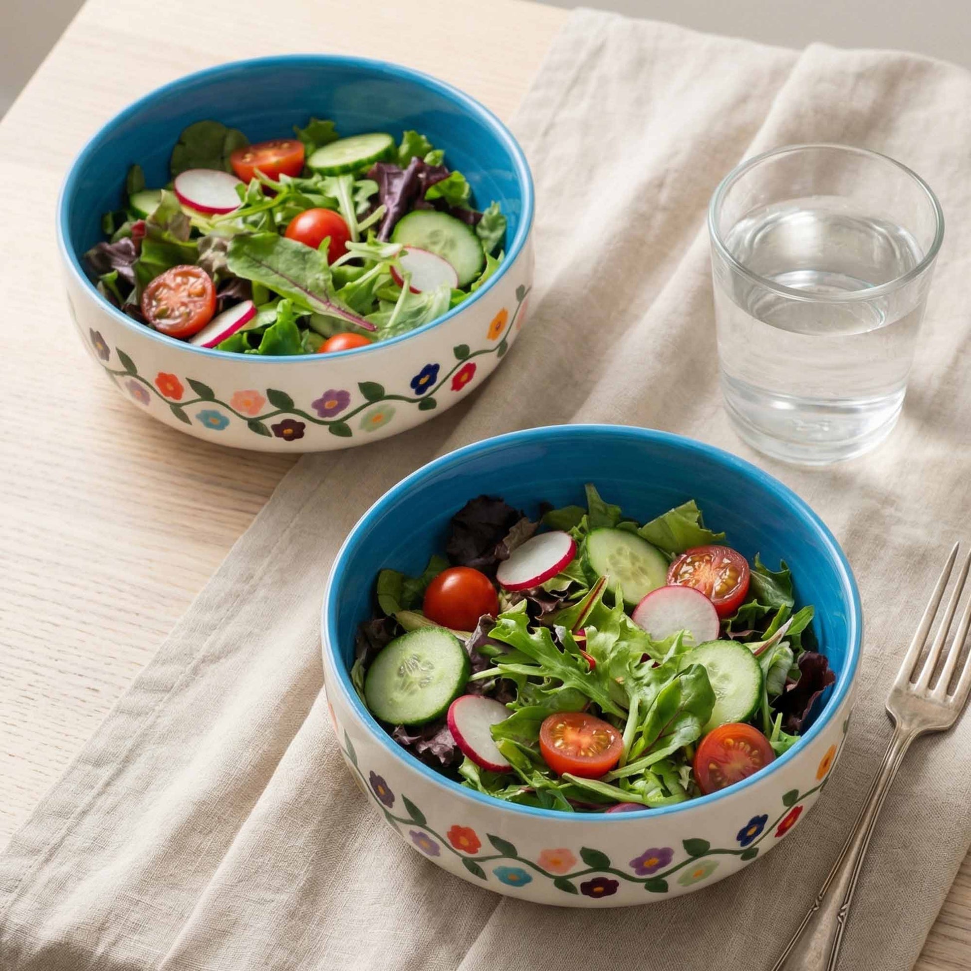 Two bowls of salad with a glass of water on a light-colored cloth.