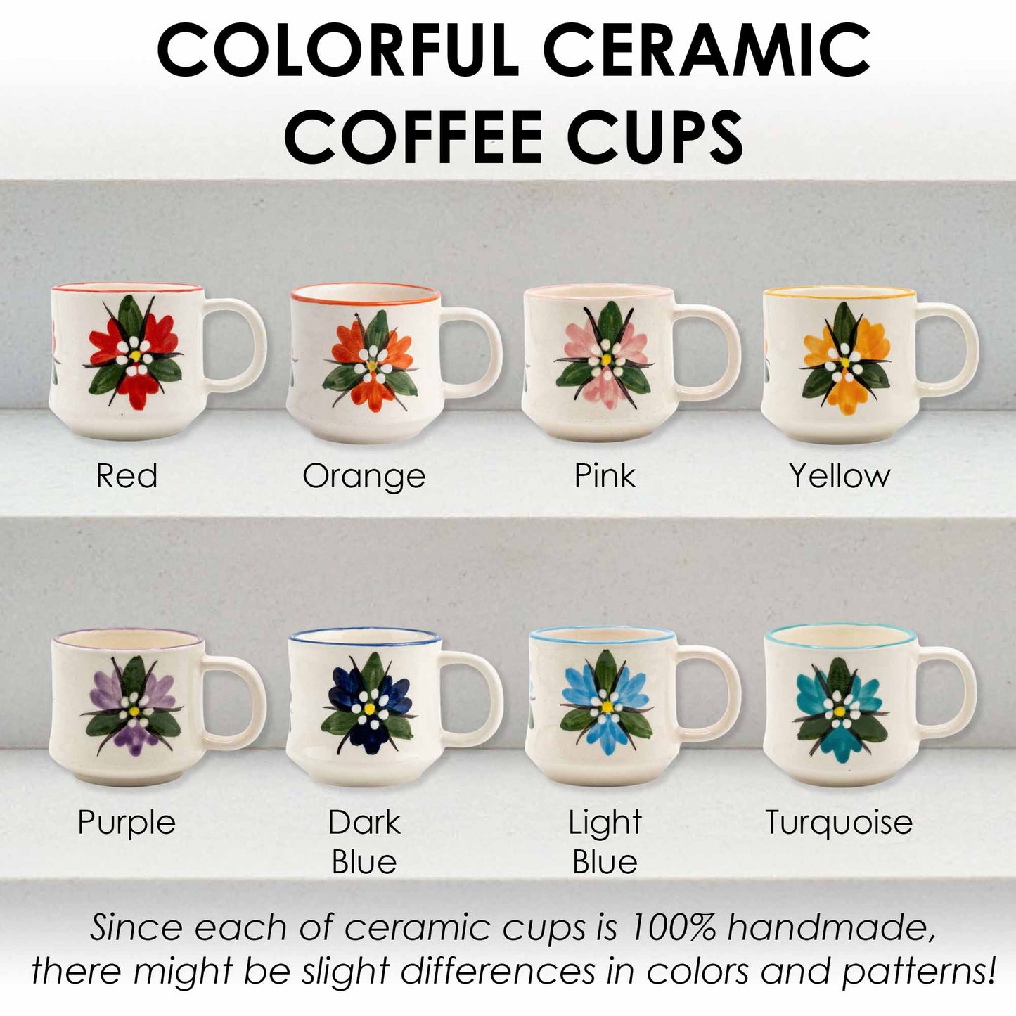 Colorful ceramic coffee cups with floral designs in various colors on a gray background.