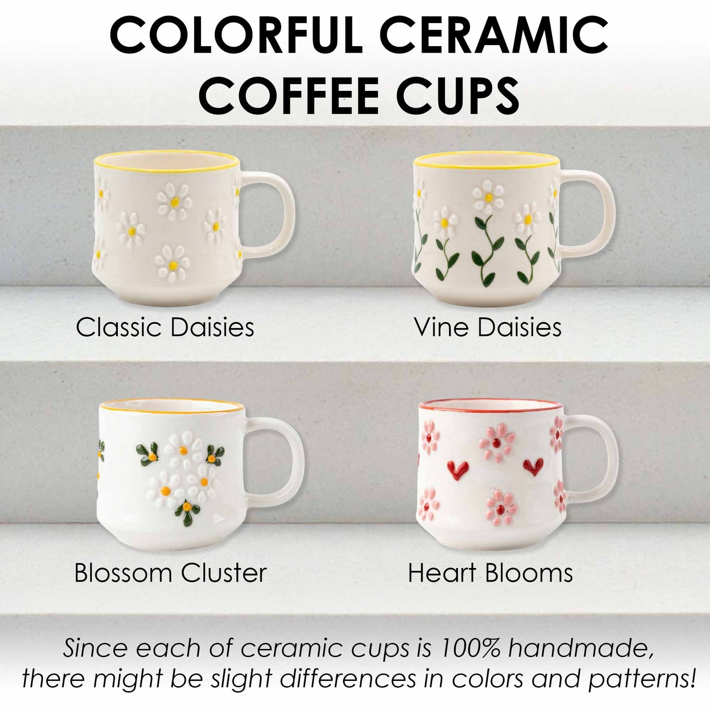 Four ceramic coffee cups with floral patterns on a gray background