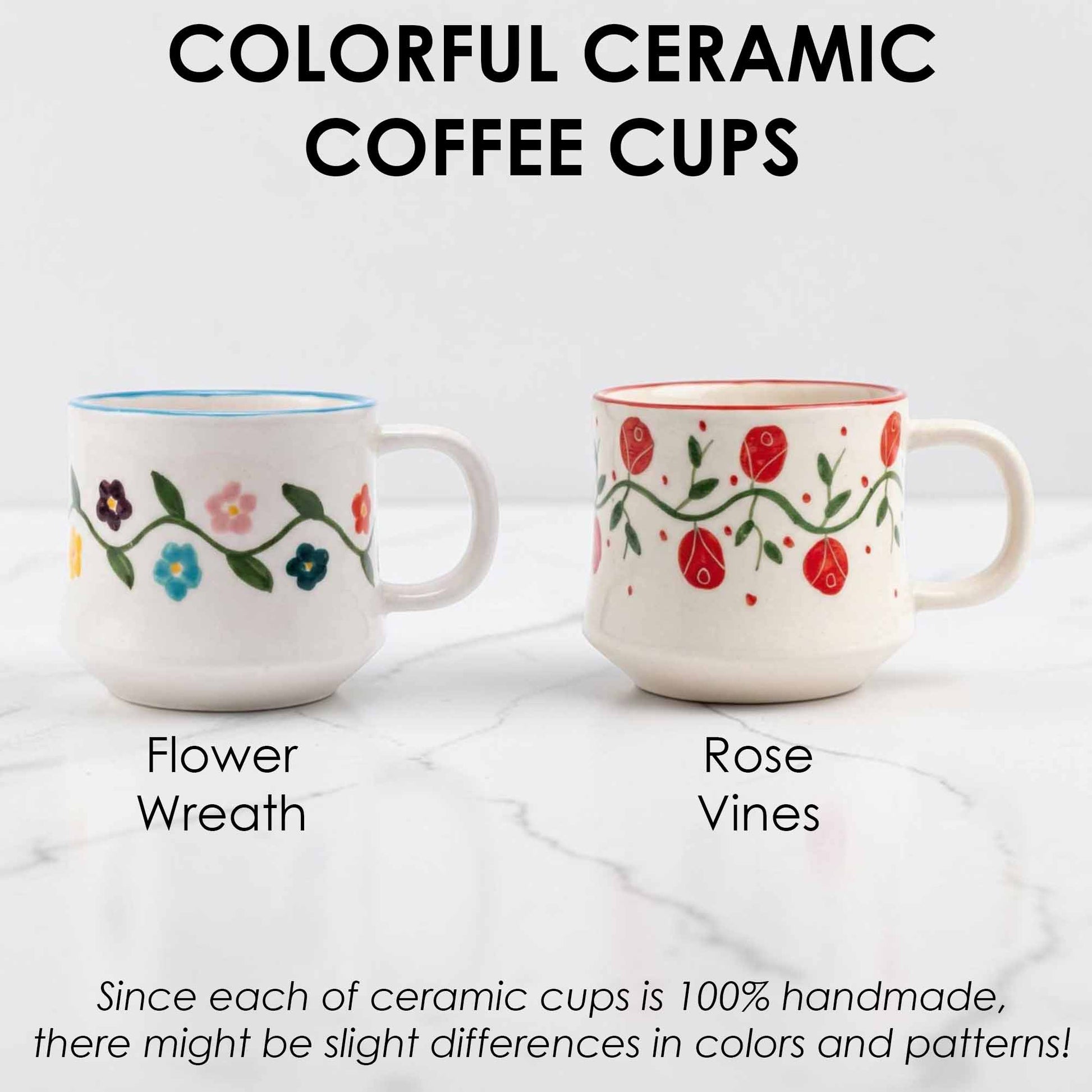Two ceramic coffee cups with floral designs on a white background