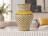 Large Decorative Ceramic Vase 12 Inch Yellow Ivory Geometric Pottery, Statement Home Decor
