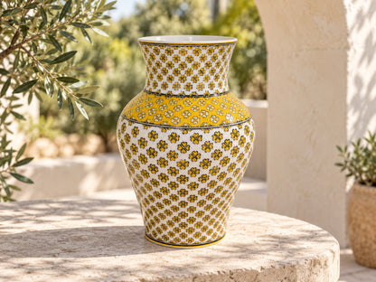 Large Decorative Ceramic Vase 12 Inch Yellow Ivory Geometric Pottery, Statement Home Decor