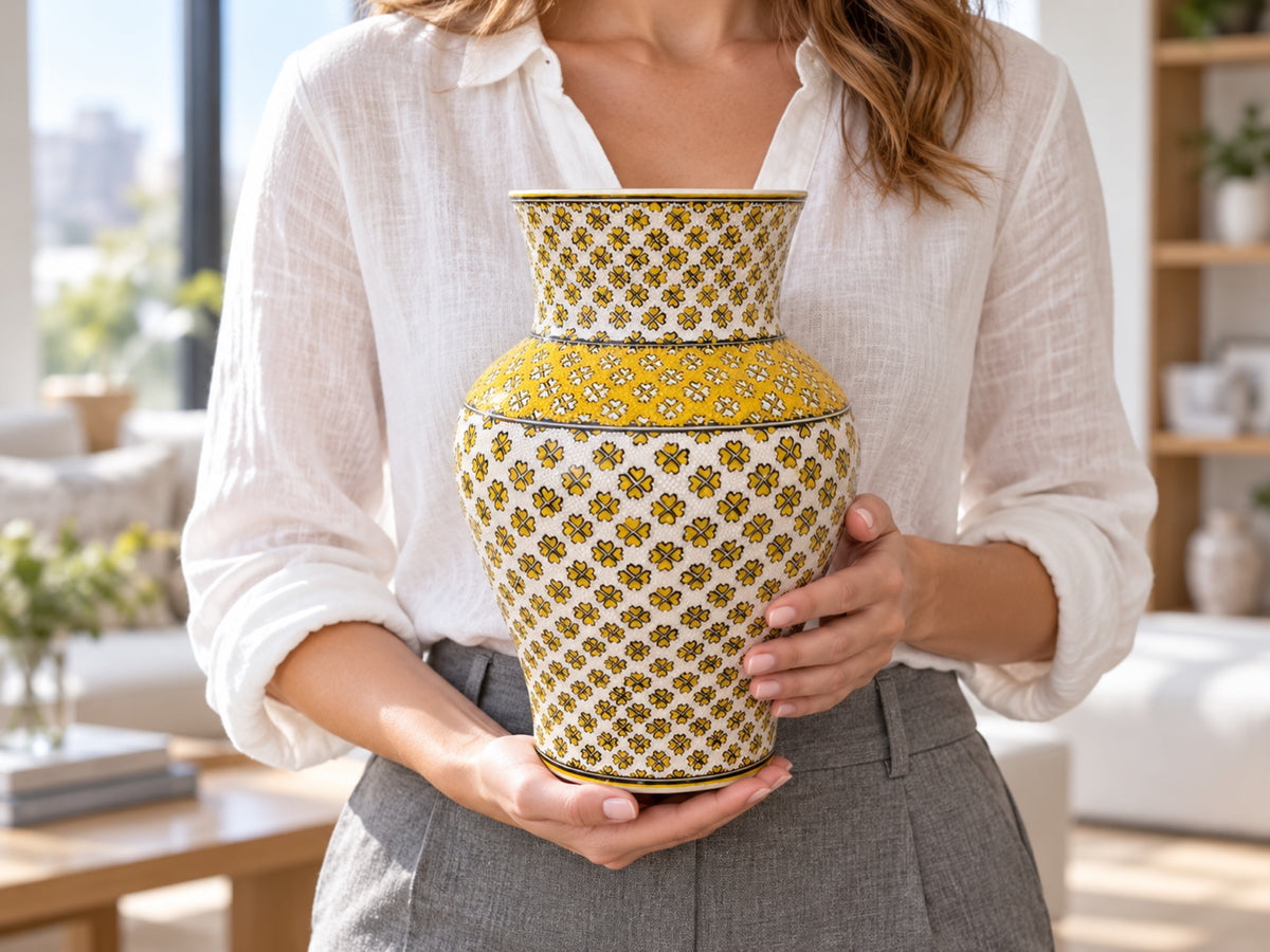 Large Decorative Ceramic Vase 12 Inch Yellow Ivory Geometric Pottery, Statement Home Decor